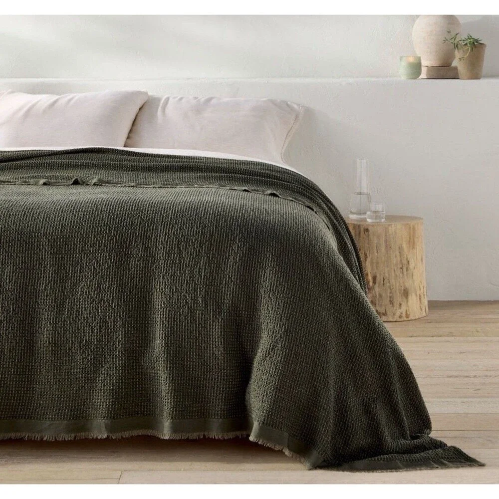 King Textured Waffle Coverlet Olive Green - Casaluna NEW
